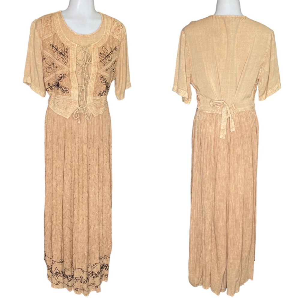 Vintage Tan Crochet Embroidered Lace Up Front Gauzy Maxi Dress Small Cottagecore